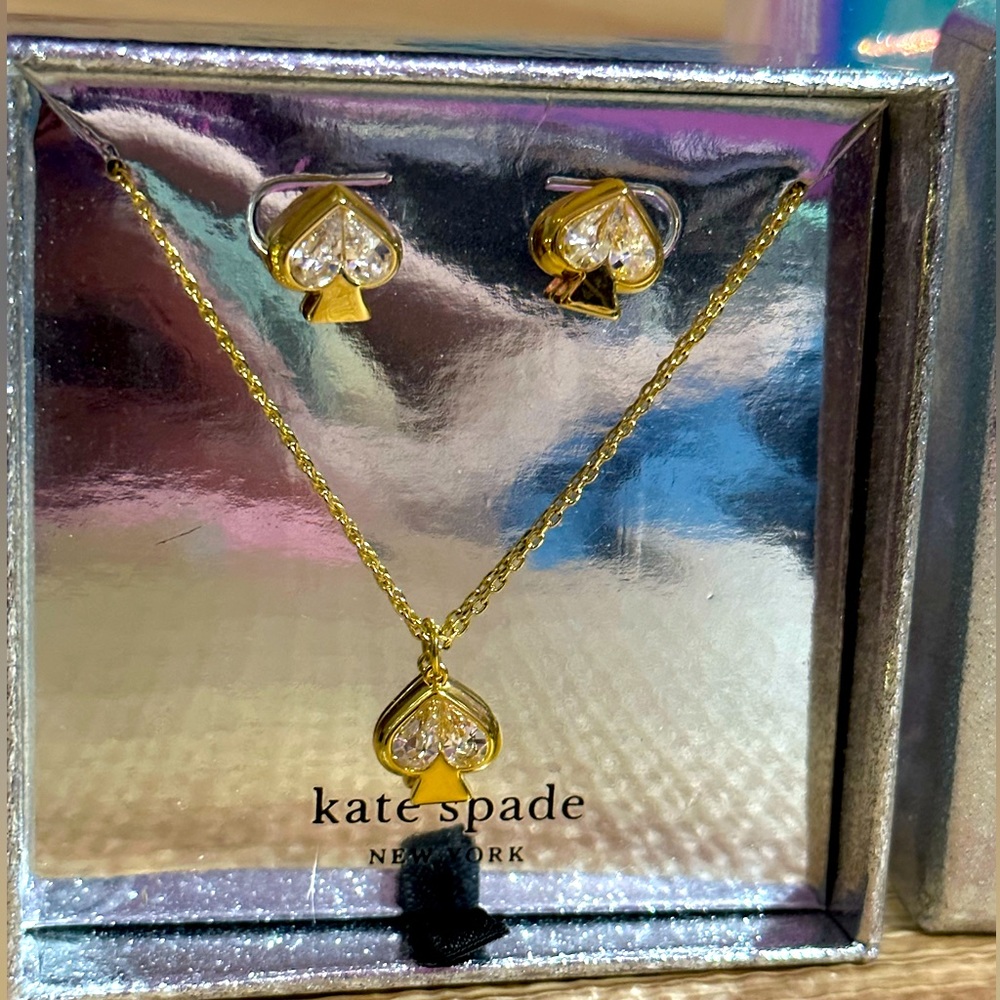NEW Kate Spade New York gold cubic zirconia earrings & necklace set; mint in box